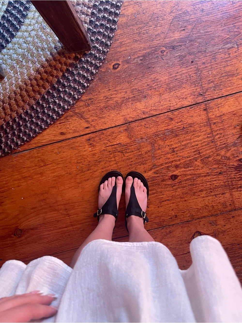 Teva Black Leather Thong Sandals with Gold Buckles